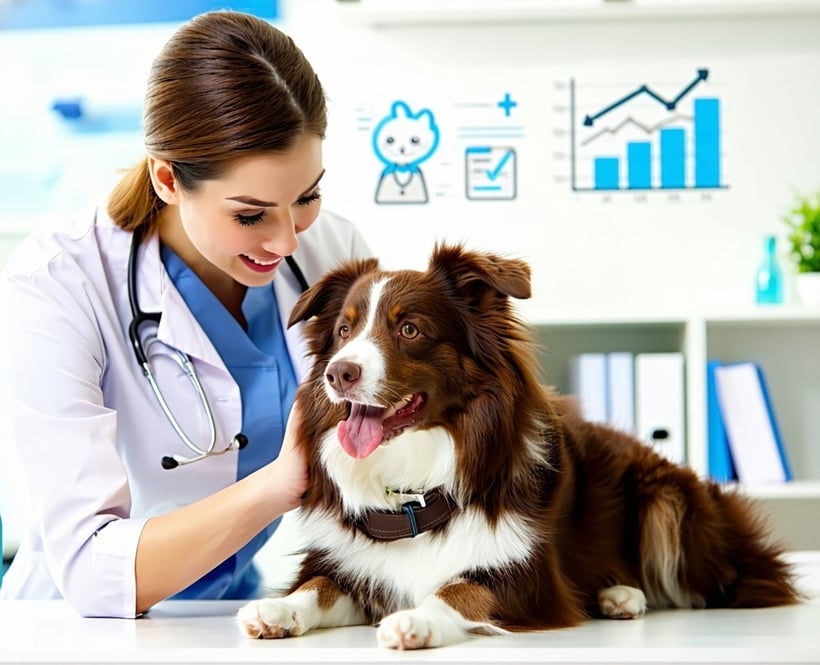 A visually striking digital advertisement prominently features a veterinarian caring for a dog in a clinic setting exuding professionalism and warmth The banner ad displays bold text indicating 698 Banner Ad Success at the top alongside a visual repr-1